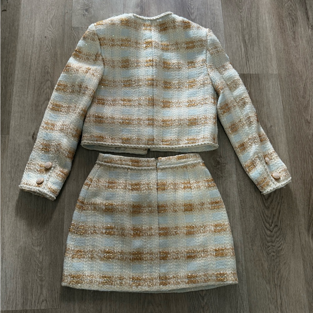 elliatt ashlyn white blue & gold long sleeve metallic tweed mini skirt set small - Picture 9 of 14